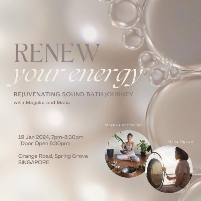 日本語は後半へ I’m deeply delighted to share that I will fly to Singapore, one of my soul’s home in this planet, for the first time in 4.5 years (yes.. it’s been too long!🥹) and play gong for sound bath session collaborating with Mayuko @mayukovermeulen 🌈🤍
Theme of the event is “Renew Your Energy” - To get ready for CNY 2024 physically and mentally, let’s renew and align your energy with the rejuvenating sound bath journey✨
Also this event is a charity event for supporting 2024 Japan Noto Peninsula Earthquake reconstruction🙏🏼🕊️  Please refer to peatix event page from @mana.meets.world profile link 🔗 
Early bird tickets are available till 12th Jan, 9pm:)  Renew Your Energy | Rejuvenating Sound Bath Journey
<<Event Details>>
●Date：19th Jan, Friday, 2024 | 7pm〜8:30pm (Door Open at 6:30pm)
●Location：53B Grange Road, Spring Grove, Function Room
●Exchange：
Early Bird Ticket : 55SGD *available till 12th Jan, 9pm
Regular Ticket : 60SGD  【Time Schedule】
18:30 Door Open
19:00 Guided Meditation + Sound Bath
20:00 Relax time
20:20 Closing  【Sound Facilitators】
●Mayuko Vermeulen
Mayuko is a certified a Singing Bowl Practitioner, Yoga teacher, and a Non-Violence Communication (NVC) Practitioner based in Singapore.  ●Mana Ogawa
Mana is CEO of Mana & Co., Gong Meditation guide and self-awareness program designer based in Japan. 
_____________  4.5年ぶり（長すぎた！）に心の故郷であるシンガポールに出張で帰るのに合わせて、サウンドバスのセッションをさせていただくことになりました🥹🩷✨
シンガポールをベースにサウンドメディテーションプラクティショナーとして活動するMayuko Vermeulenさんとのコラボレーションです🌈🤍
シンガポールでは西暦よりも旧暦（CNY）の新年でより本格的な新年がお祝いされますが、旧暦の新年がはじまるまえに、ご自身のエネルギーを新しく、そして整える時間を過ごしていただけたらと思っています☺️✨
またこのイベントの収益の一部は、令和6年能登半島地震により被災された方々の支援を行う団体にドネーションをさせていただきます🙏🏼  現地にお住まいの方、ちょうどシンガポールにいる！という方、ぜひご参加をお待ちしております。詳細やチケットは @mana.meets.world プロフィールページから🔗  ＜＜イベント概要＞＞
●開催日時：2024年1月19日（金）19時〜20時30分（18時30分開場）
●場所：53B Grange Road, Spring Grove, Function Room
●参加費：
・早割チケット：55SGD（1/12 21時まで）
・一般チケット：60SGD  【タイムスケジュール】
18:30 Door Open
19:00 Guided Meditation + Sound Bath
20:00 Relax time
20:20 Closing  【ファシリテーター】
●Mayuko Vermeulen
シンギングボウルプラクティショナー、ヨガ講師、NVC非暴力コミュニケーション プラクティショナー  ●Mana Ogawa
ゴングメディテーションガイド／セルフアウェアネスプログラムデザイナー（株式会社Mana&Co.代表取締役）  Special thanks to @nashwa_lifetobliss 🙏🏼🍑🧡