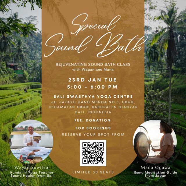 English follows. 先日リリースしたシンガポール🇸🇬でのSound Bathにつづき、インドネシア・バリ島🇮🇩でもSound Bathのセッションをさせていただくことになりました☺️✨🙏🏼🤍 シンガポール生活の中で足繁く通っていたバリ島は、シンガポールと並ぶ私の魂の故郷🏝️私がゴングメディテーションをはじめて体験したのも、実はバリ島でした🫶
そんな自分にとってのスペシャルな場所で機会を頂きとても嬉しいです☺️💕
（シンガポールのセッションはSold Outになりました🙏🏼）
____
We are excited to share an upcoming Sound Bath event, scheduled for the 23rd of January.  Wayan @premadas_kundalini , Balinese sound healer, and Mana, Gong meditation guide from Japan, will collaborate to create a space for healing of your body, mind and spirit to rejuvenate and recharge yourself for starting 2024.
Only Limited 30 seats, please reserve to secure your spot from the following form.  *Event Details:*
📅Date: January 23rd, 2024 (Tuesday), from 5:00 PM to 6:00 PM 
📍Location: Bali Swasthya Yoga Centre (Jl. Jatayu Gang Menda No.5, Ubud, Kecamatan Ubud, Kabupaten Gianyar, BALI, INDONESIA) 
☝️What to bring
 * A yoga mat (required)
 * Comfortable, loose clothing
 * Optional: Blanket, eye mask, or anything else for comfort and relaxation
🫶Fee: Donation 
📩Booking: please register your details to secure your spot at Google form from @mana.meets.world profile link 🔗 
https://forms.gle/ysZ1Hg84xJyJ1Hqg6  We look forward to see you there🌈🩷✨  #sounbath #soundbathinbali